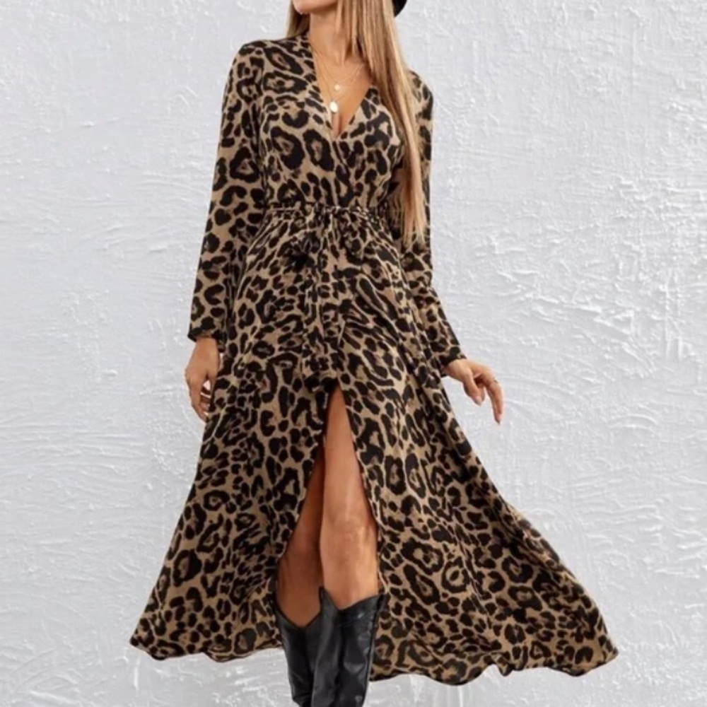Bohemian Camel Tan Leopard Print Wrap Maxi Dress